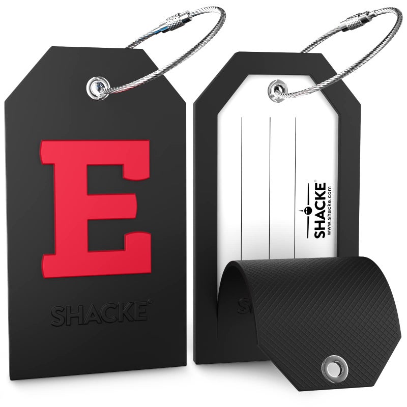 Shacke Large Luggage Tag Initial with Full Privacy Cover and Stainless Steel Loop - Black (Letter E) - Image 2